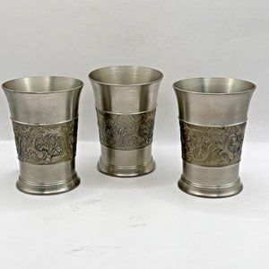 3 Vintage Zinn Pewter Cups Embossed Goblets Flowers Wheat Rein-Zinn 95% 3 1/8"
